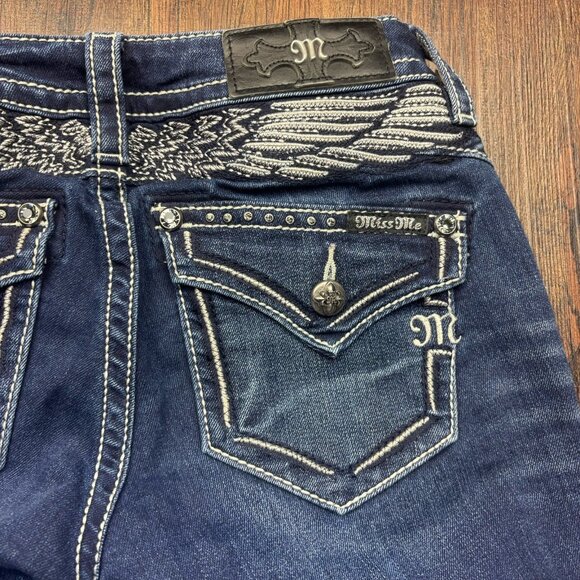 Miss Me Mid-Rise Boot Jeans Distressed Medium Wash Flap Pockets Size 25 - Picture 7 of 12